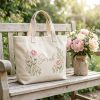 Personalized Birth Month Flower Canvas Tote Bag