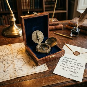 Personalized Solid Antique Brass Pocket Compass & Rosewood Keepsake Box