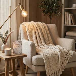 Luxury Chunky Cable Knit Merino Wool Birthday Throw Blanket