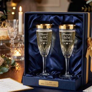 60th Birthday Celebration Crystal Champagne Flutes Pair