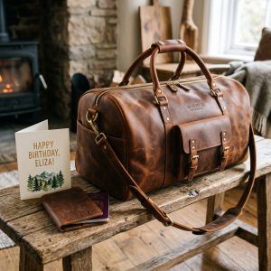 Handcrafted Full-Grain Leather Weekend Duffle with Personalized Birthday Tag