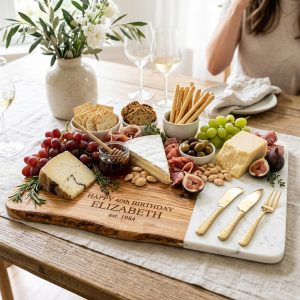Handcrafted Live-Edge Olive Wood & White Marble Birthday Serving Board