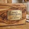 Vintage Engraved Solid Oak Family Recipe Box with Brass Latches Close-Up Detail