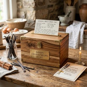 Vintage Engraved Solid Oak Family Recipe Box with Brass Latches