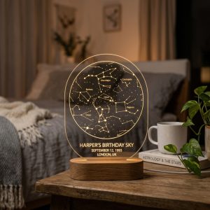 Custom Celestial Star Map Optical Acrylic & Solid Oak LED Lamp