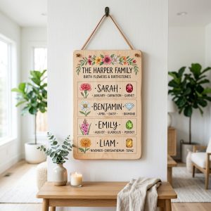 Personalized Family Birthstone & Flower Archival Wood Art Sign